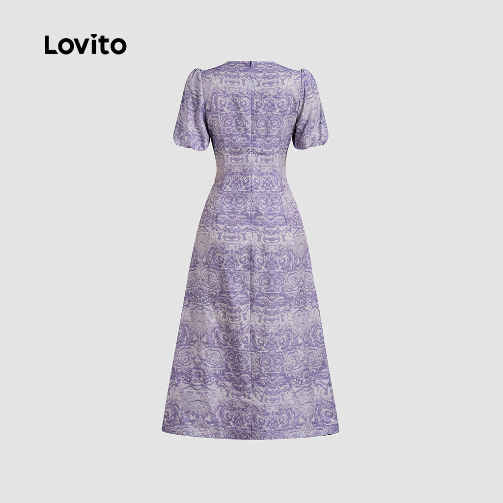 Lovito Elegant Dress Plicated Puff Sleeves Spring/summer Purple Dress for Women