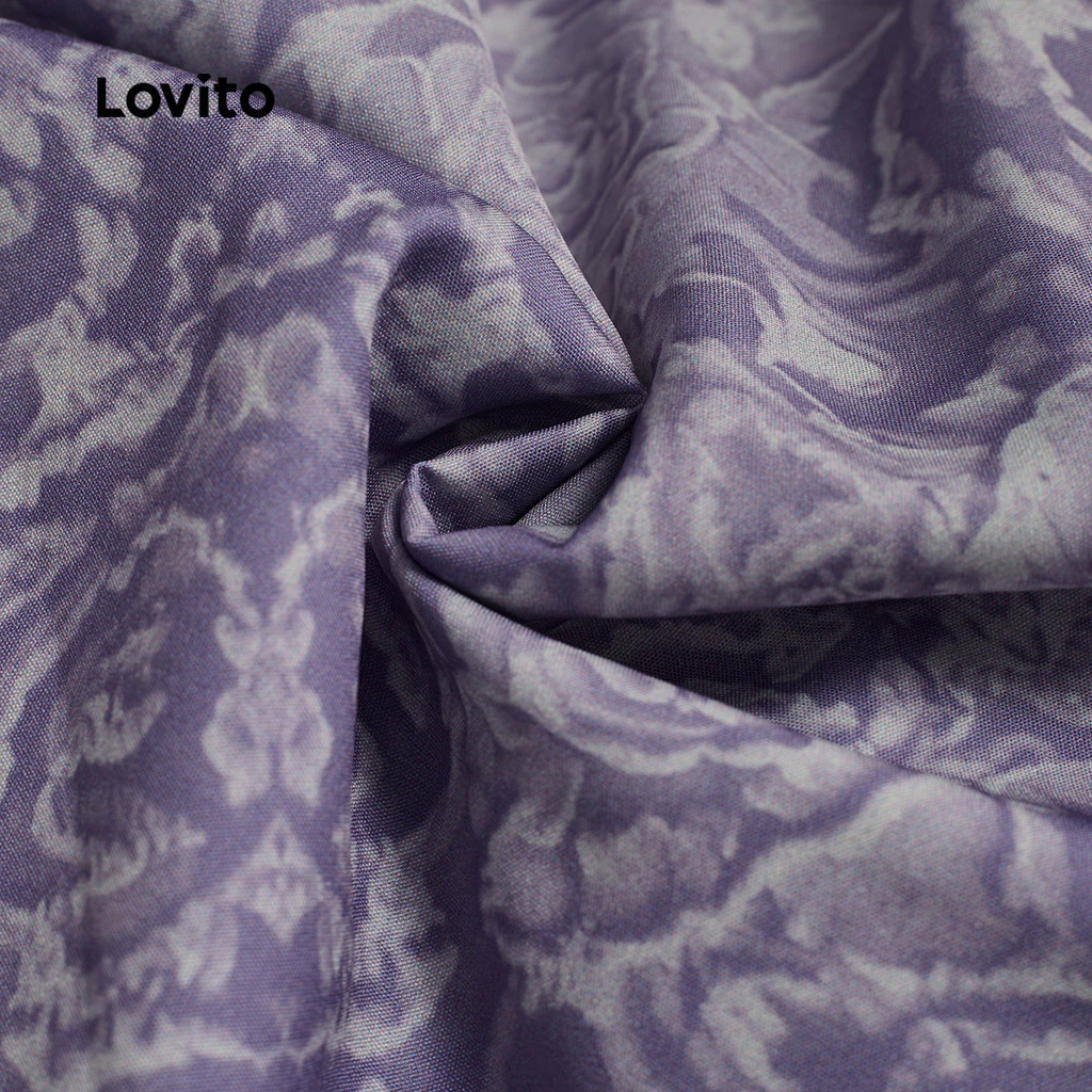 Lovito Elegant Dress Plicated Puff Sleeves Spring/summer Purple Dress for Women