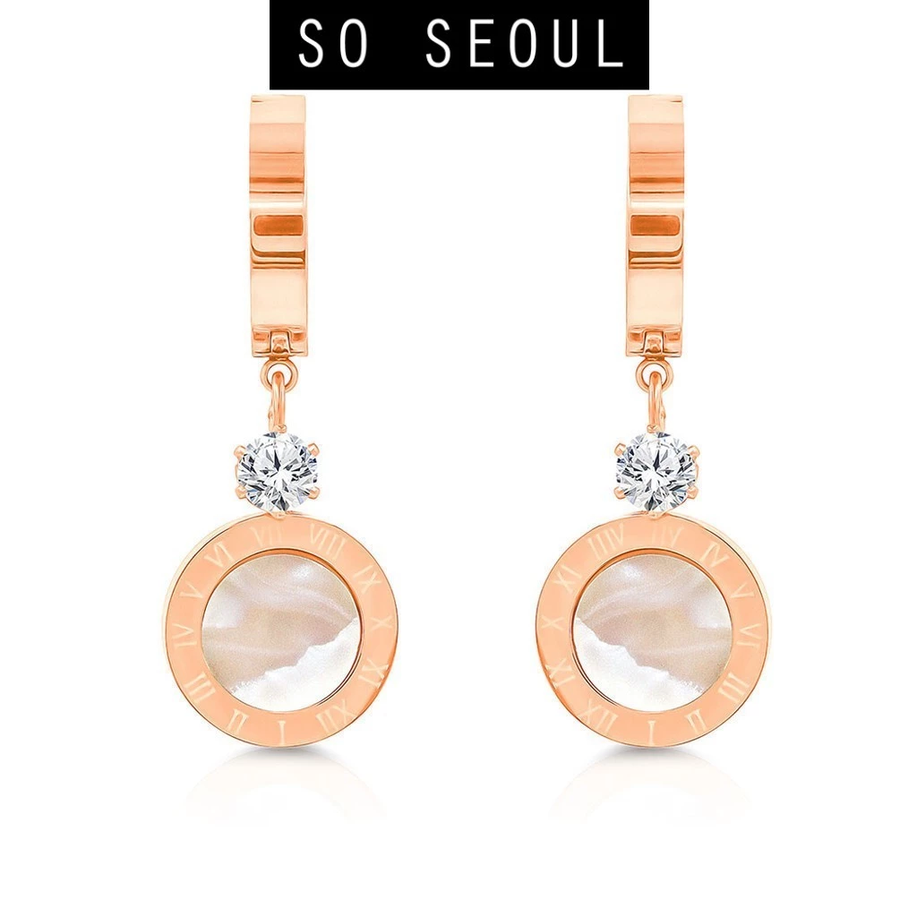 SO SEOUL Valeria Roman Numeral Classic Round Mother of Pearl Rose Gold Hoop Earrings