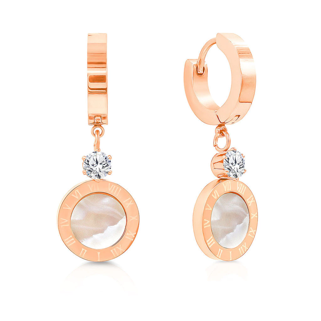 SO SEOUL Valeria Roman Numeral Classic Round Mother of Pearl Rose Gold Hoop Earrings