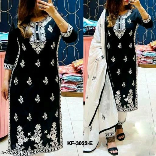 M To 5XL Heavy Premium Rayon Embroidery Kurti With Pant And Malmal Duppatta KF-3022
