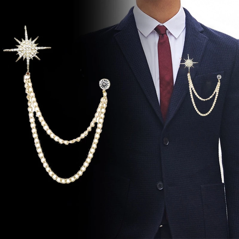 Crystal Tassel Chain Pin Men Women Suit Shirt Collar Badge High-end Brooch Badge Pin