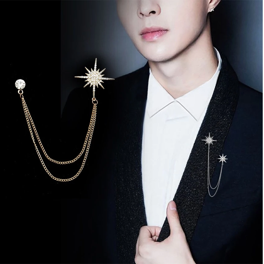 Crystal Tassel Chain Pin Men Women Suit Shirt Collar Badge High-end Brooch Badge Pin