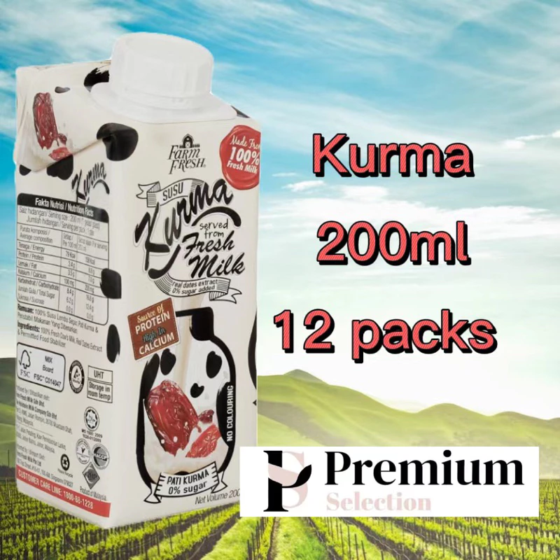 Susu Farm Fresh uht 200ml x 12 peks Perisa asli-coklat-kurma-strawberi-manga-pisang-badam-oat-kopi latte-tongkat