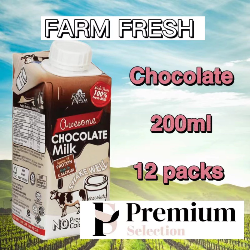 Susu Farm Fresh uht 200ml x 12 peks Perisa asli-coklat-kurma-strawberi-manga-pisang-badam-oat-kopi latte-tongkat