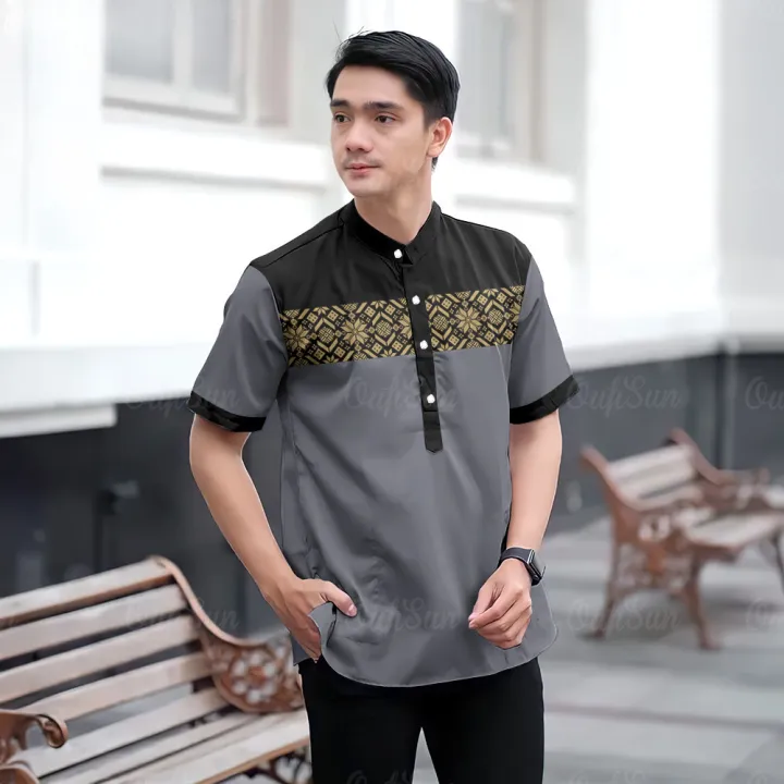 Baju Koko Malaysia Modern Koko Adult Men Batik Short Sleeve Shirt Lebaran Shirt Koko Gamis Kurta Muslim Quality Fabric Men&#39;s Tops
