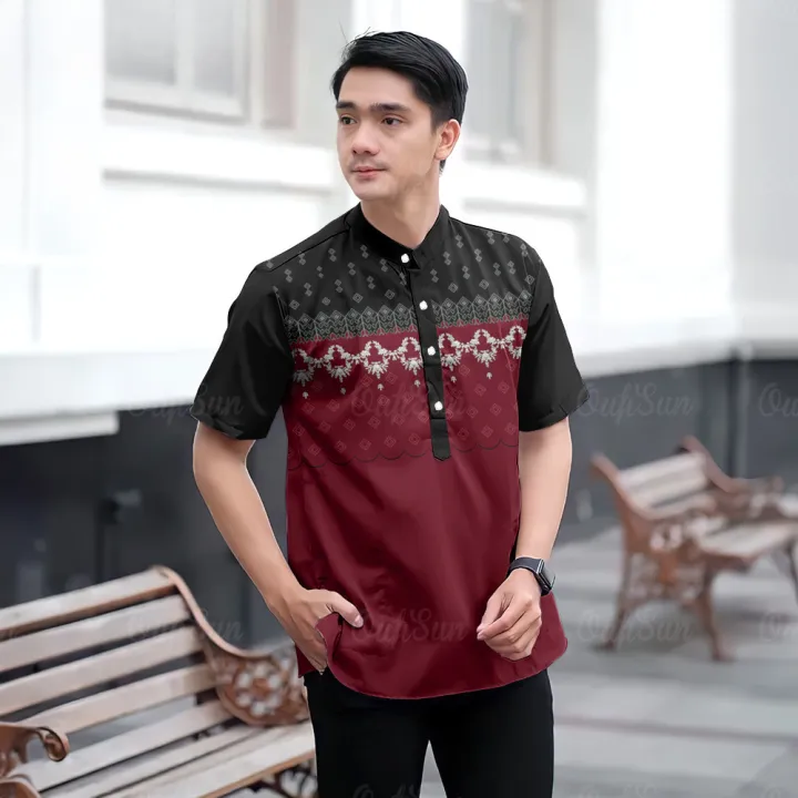 Baju Koko Malaysia Modern Koko Adult Men Batik Short Sleeve Shirt Lebaran Shirt Koko Gamis Kurta Muslim Quality Fabric Men&#39;s Tops