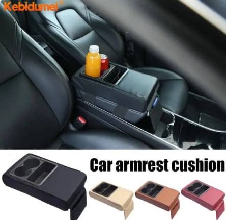 Auto Center Console Armrest Cushion With 2 Cup Holder PU Leather Armrest Pad
