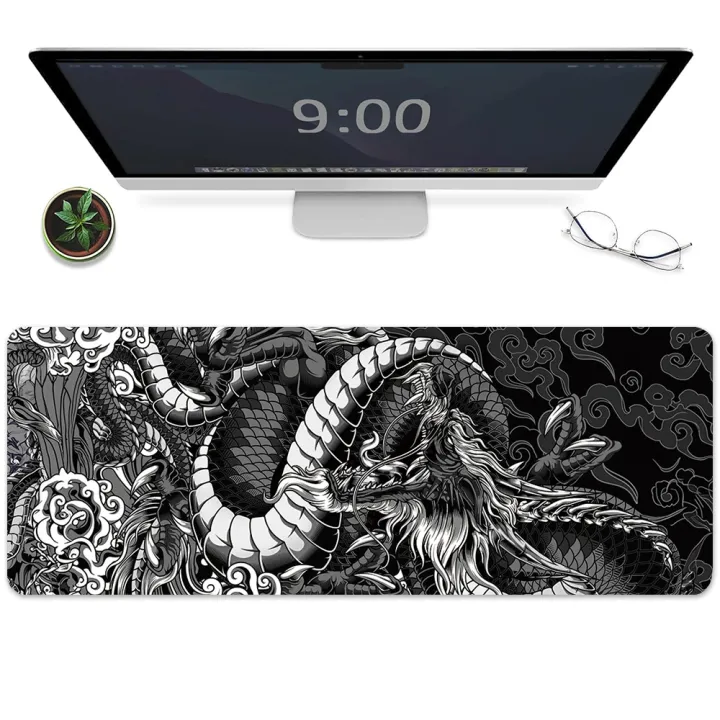 Black and White Dragon Mouse Pad Extended Large Gaming Mousepads with Stitched Edge Desk Pad For Home Office