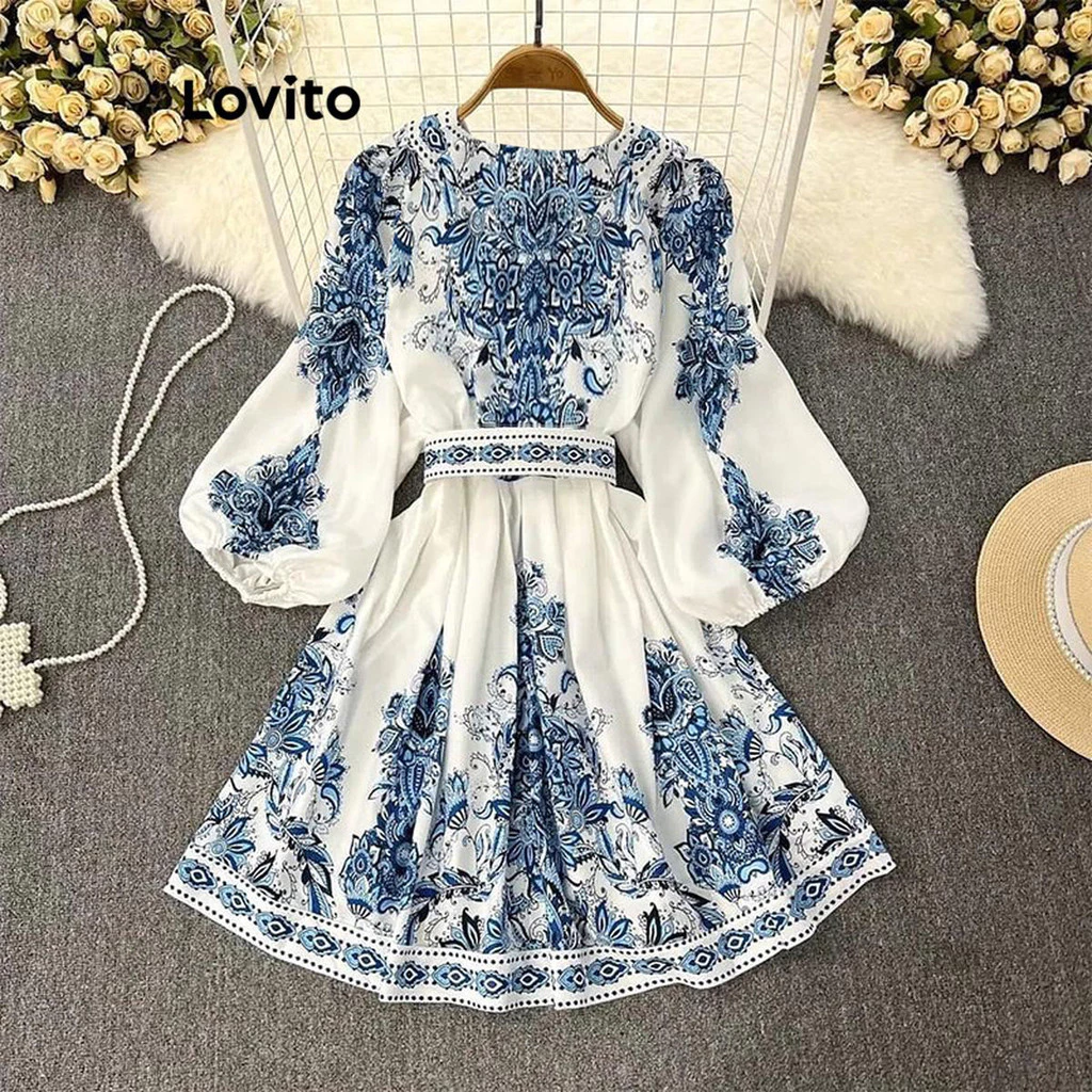 Lovito Elegant Dress Ditsy Floral Printing Dress for Women