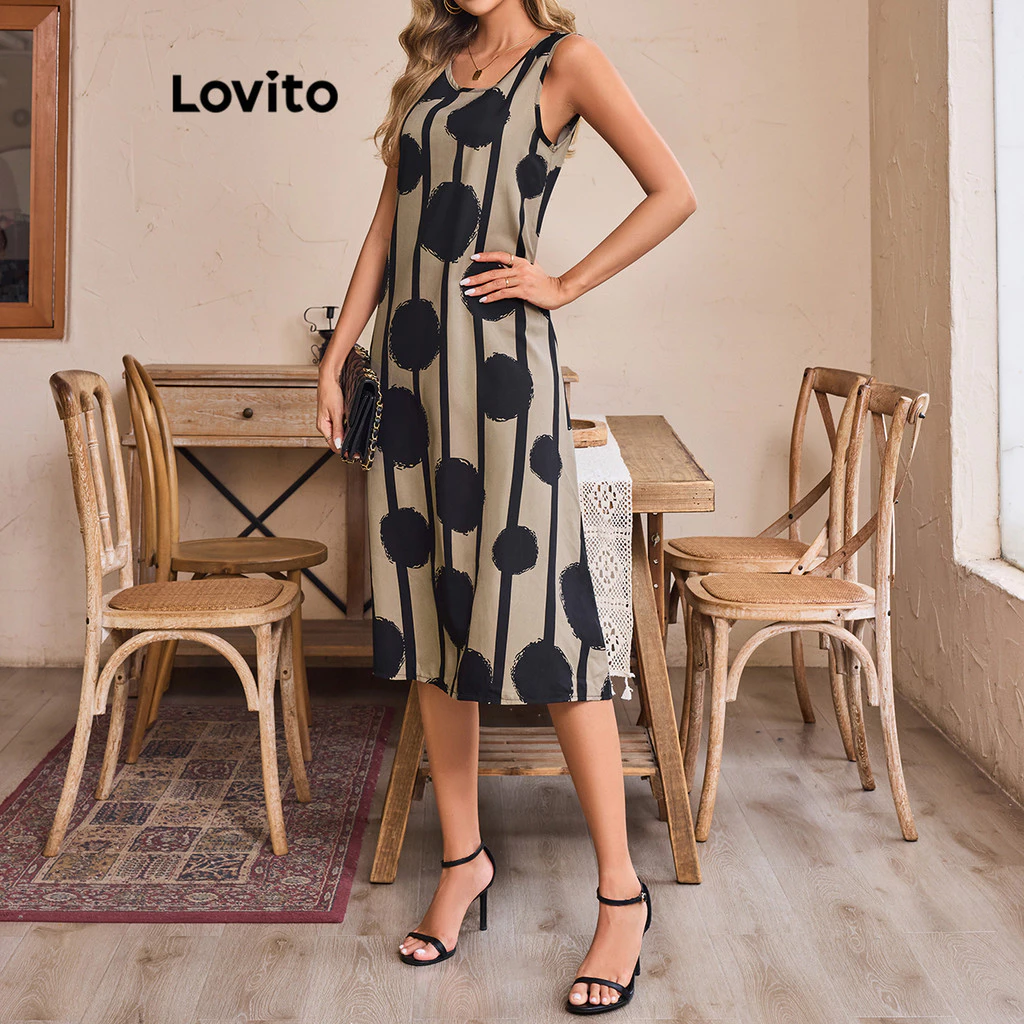 Lovito Casual Dress Polka Dot Wrap Puff Sleeve Dress for Women LNE27238 (Multi-color)