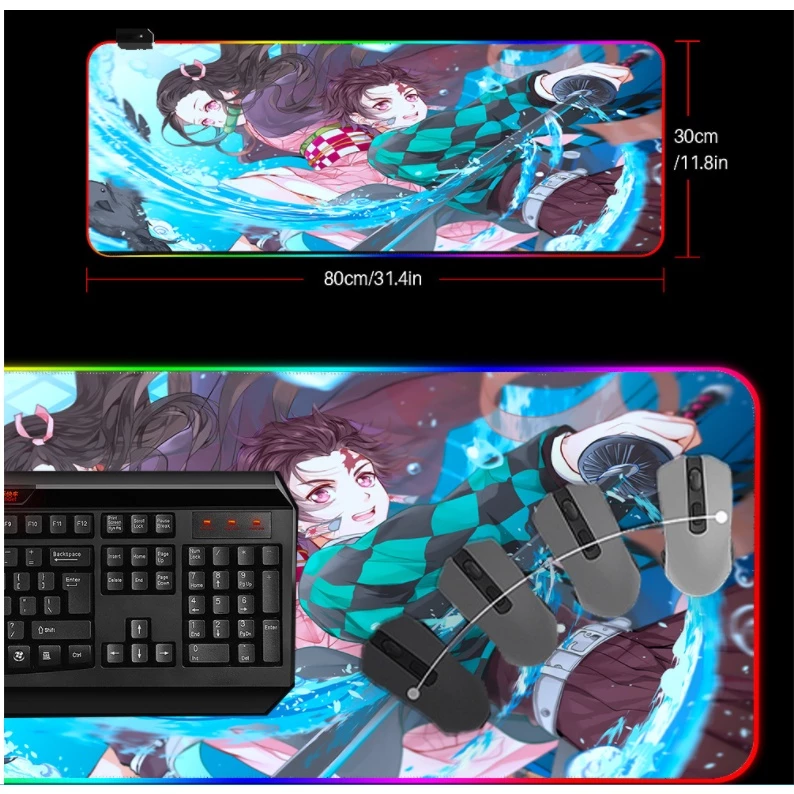 Anime Demon Slayer Mousepad Gaming Mouse Pad RGB LED Gamer Mat Computer Desk Padmouse Keyboard