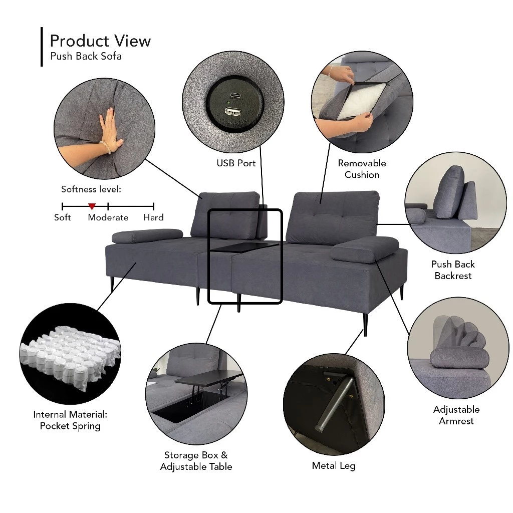 HOMURA Furniture DARREN Push Back EASY CLEAN Sofa Push back Pocket Spring Sofa