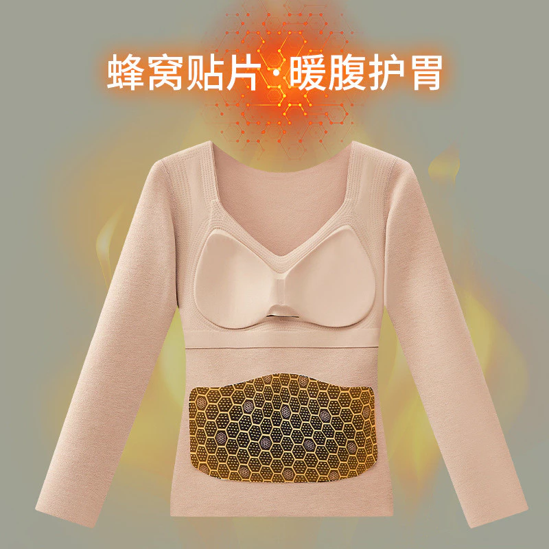 Wool Silk Velvet Thermal Underwear Set for Women - Long Sleeve Top & Thick Bottoms with Chest Pads