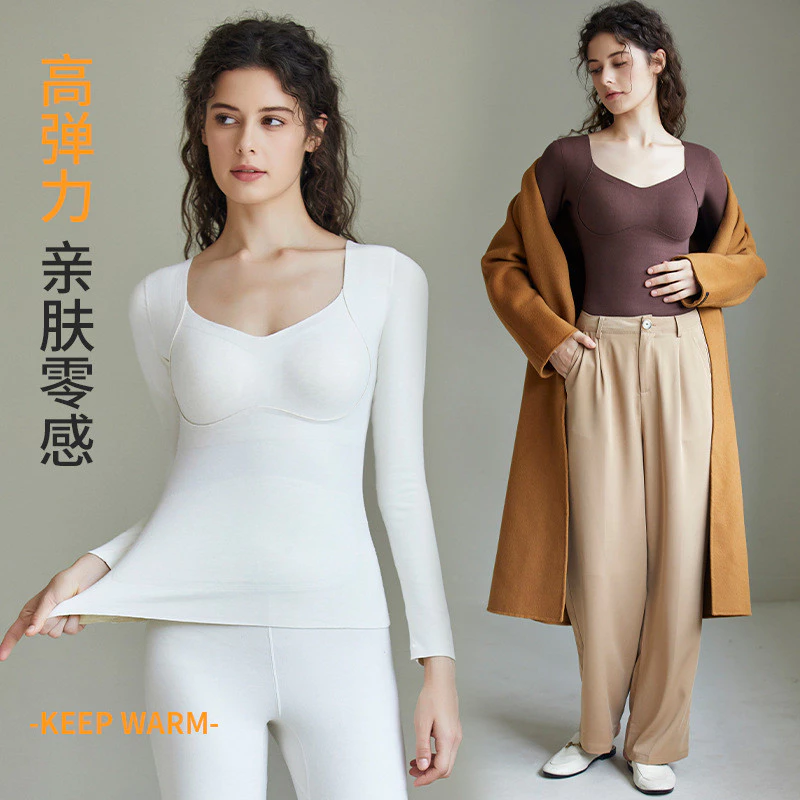 Wool Silk Velvet Thermal Underwear Set for Women - Long Sleeve Top & Thick Bottoms with Chest Pads