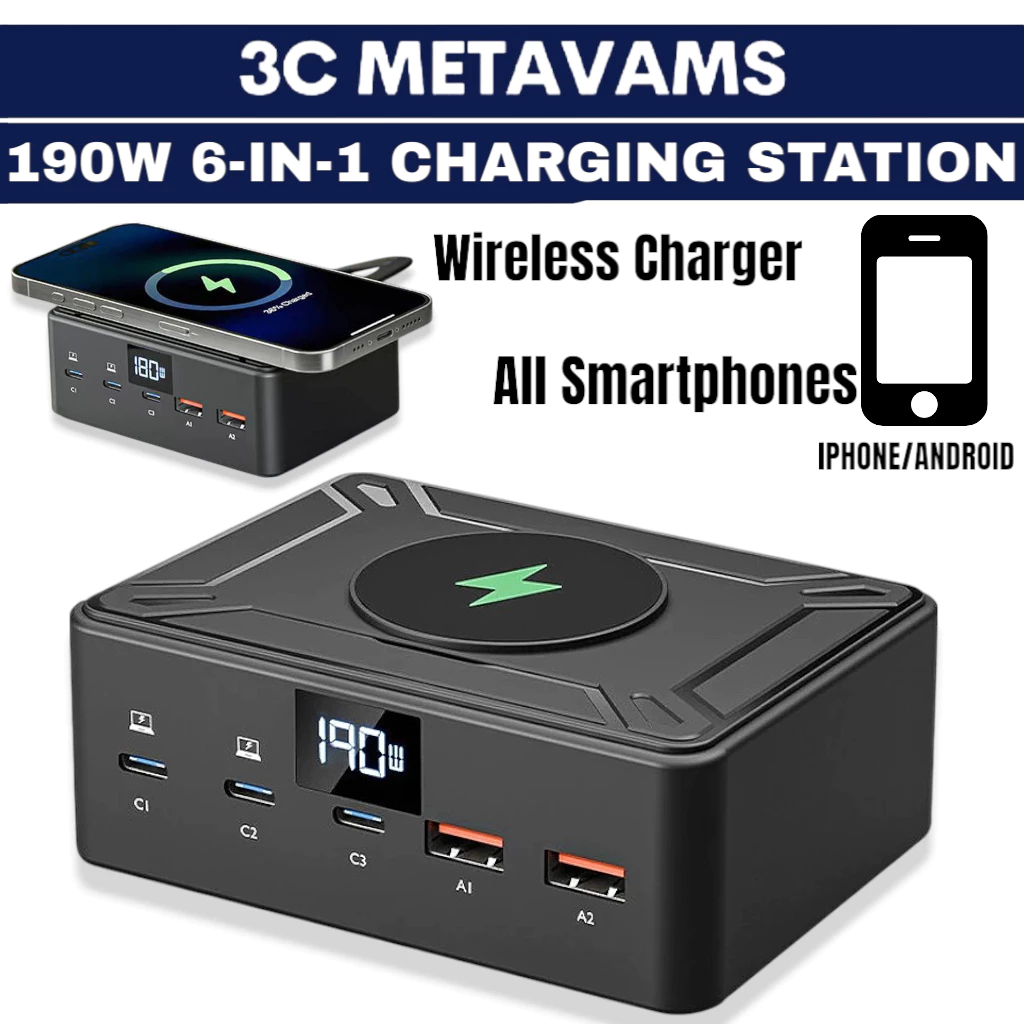 6-in-1 (190W) Charging Station / USB Type-C (PD) / QC 3.0 / Power Display / Wireless Charger