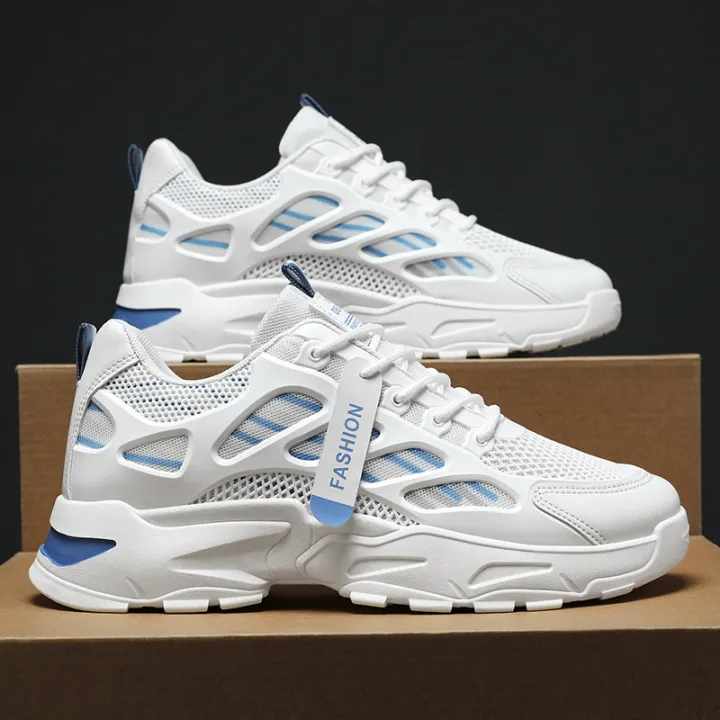 Men's Summer Breathable Mesh Sports Shoes Korean Style Casual Dad Trendy Thick Bottom Casual Shoes Leather Splicing round Toe