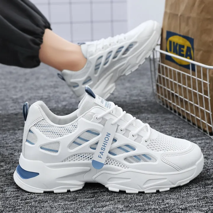 Men's Summer Breathable Mesh Sports Shoes Korean Style Casual Dad Trendy Thick Bottom Casual Shoes Leather Splicing round Toe