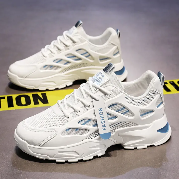 Men's Summer Breathable Mesh Sports Shoes Korean Style Casual Dad Trendy Thick Bottom Casual Shoes Leather Splicing round Toe