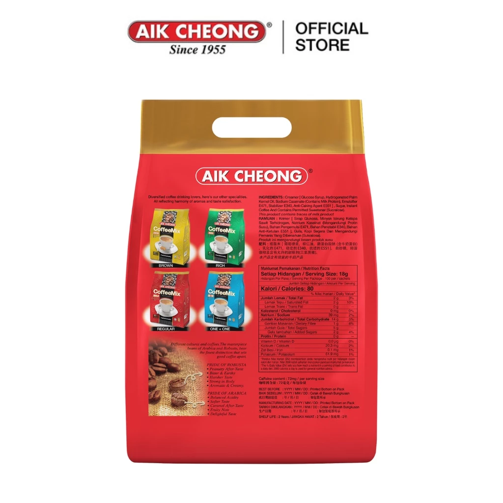 AIK CHEONG Coffee Mix 3 in 1 (1.8kg) - Regular (18g x 100's)