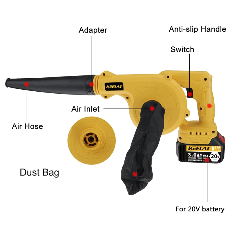 keelat Air Blower Cordless Cleaner Wireless Blower Dust Leaf Collector Blowing Sweeper Car Dust Removal Tool Vacuum Dust