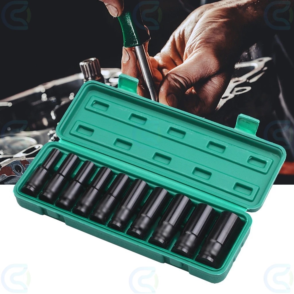 10PCS 1/2 Inch Long Impact Socket Set Black Deep Box Set Tool Set Converter Reducer 8mm - 24mm Socket Wrench Set Tool 套筒