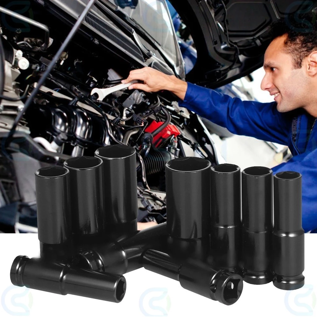 10PCS 1/2 Inch Long Impact Socket Set Black Deep Box Set Tool Set Converter Reducer 8mm - 24mm Socket Wrench Set Tool 套筒