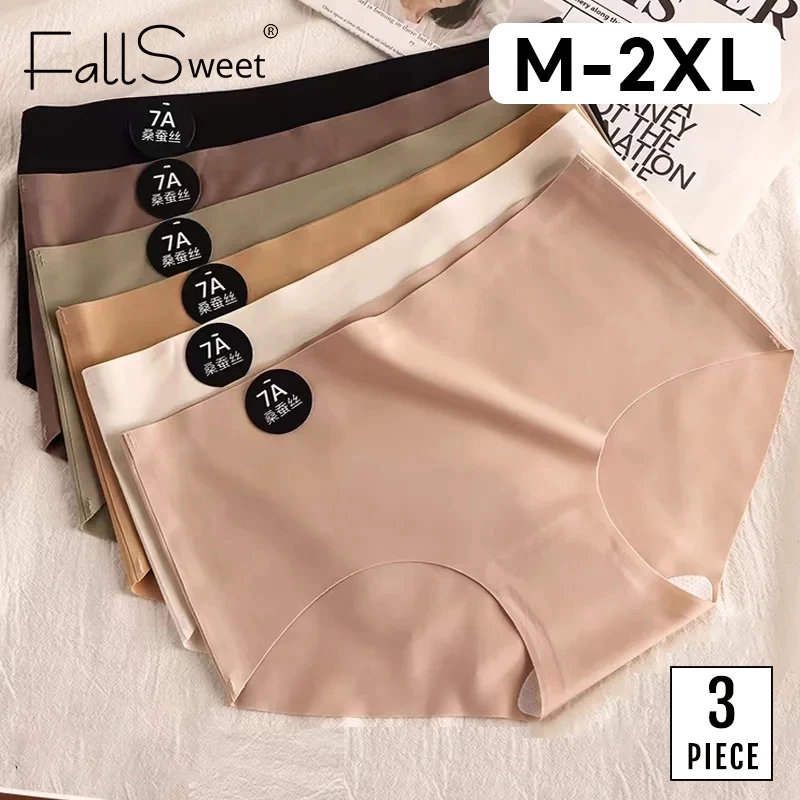 FallSweet 3PCS Women's Ice Silk Underwear Luxury High Waist Briefs Soft Breathable Mulberry Silk Crotch Seamless Panties