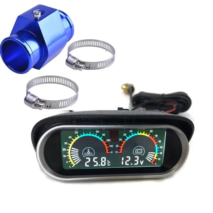 Smith Tools Auto LCD Water Temperature & Voltmeter Gauge 2 in 1 With Joint Pipe Adapter 1/8NPT OD 26MM-40MM