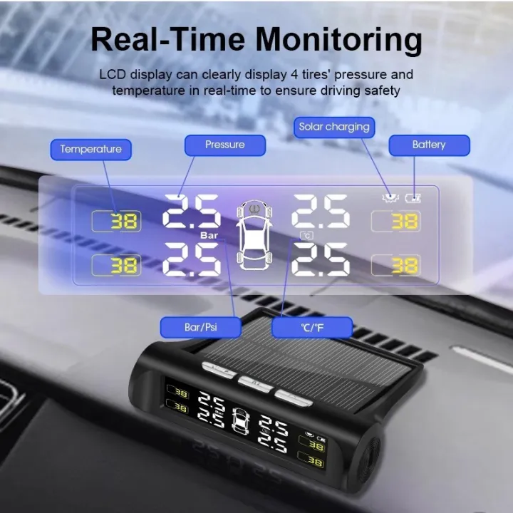 Car Solar Tire Pressure Monitoring Smart TPMS LCD Warning System Auto Tyre Pressure Alarm Monitor with 4 External Senor