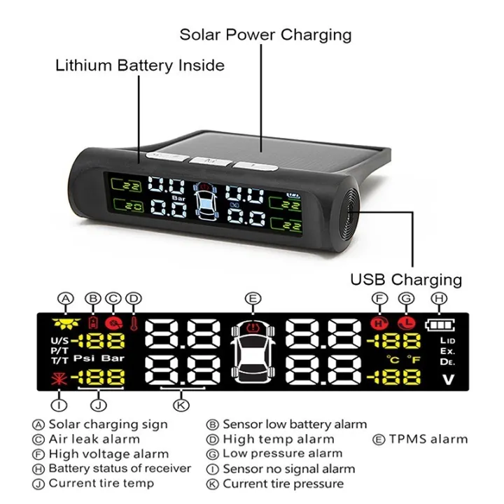 Car Solar Tire Pressure Monitoring Smart TPMS LCD Warning System Auto Tyre Pressure Alarm Monitor with 4 External Senor