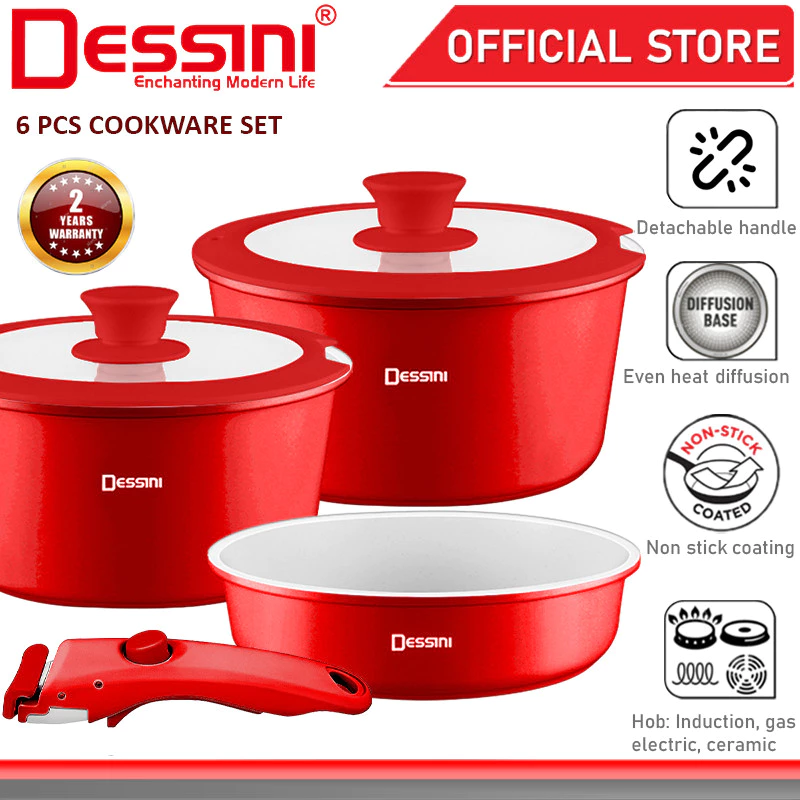 DESSINI ITALY i-Romanzo 6 PCS Detachable Handle Induction Casserole Pot Non Stick Frying Pan Wok Bowl Cookware PERIUK