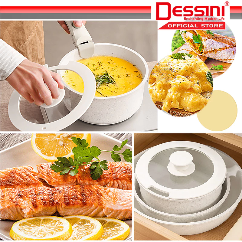 DESSINI ITALY i-Romanzo 6 PCS Detachable Handle Induction Casserole Pot Non Stick Frying Pan Wok Bowl Cookware PERIUK