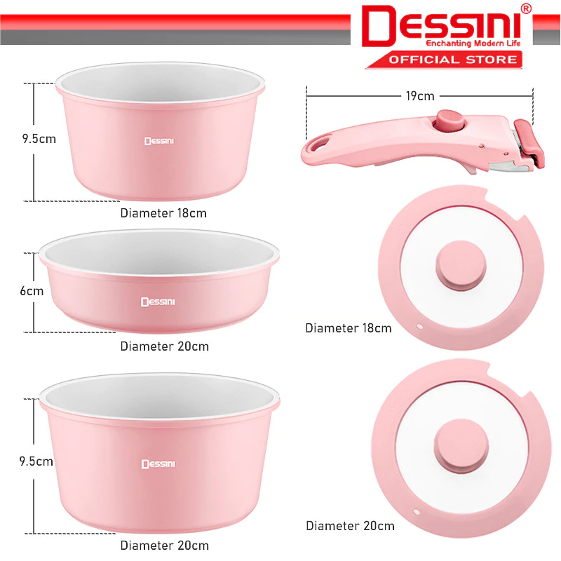 DESSINI ITALY i-Romanzo 6 PCS Detachable Handle Induction Casserole Pot Non Stick Frying Pan Wok Bowl Cookware PERIUK