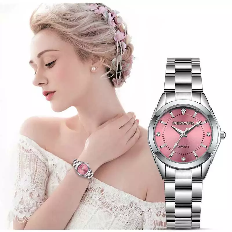 RUIWAY Stylish Women's Quartz Watch Luxury Rhinestone Stainless Steel Japanese Movement for Business