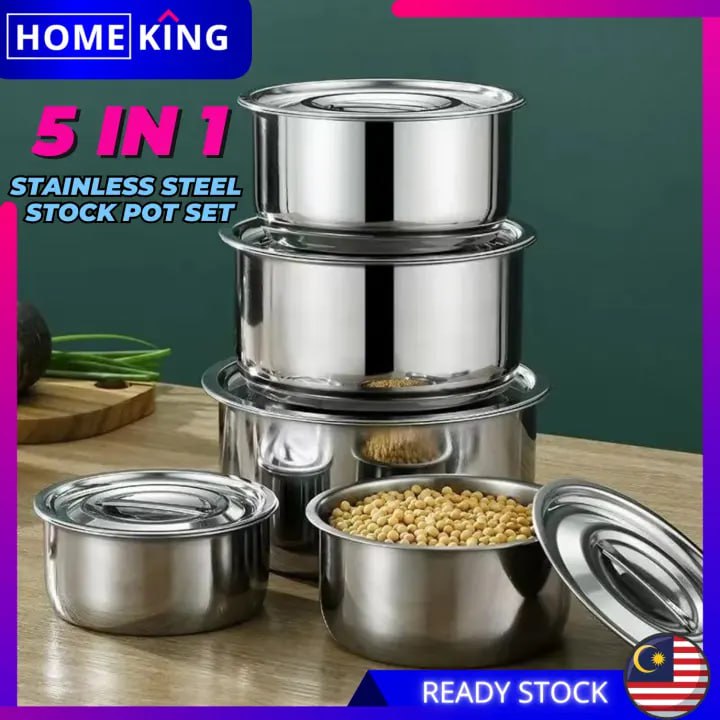 HOMEKING | 5 in 1 Stainless Steel Conditioning Food Stock Pot With Lid Periuk Masak Food Storage Indian Pot