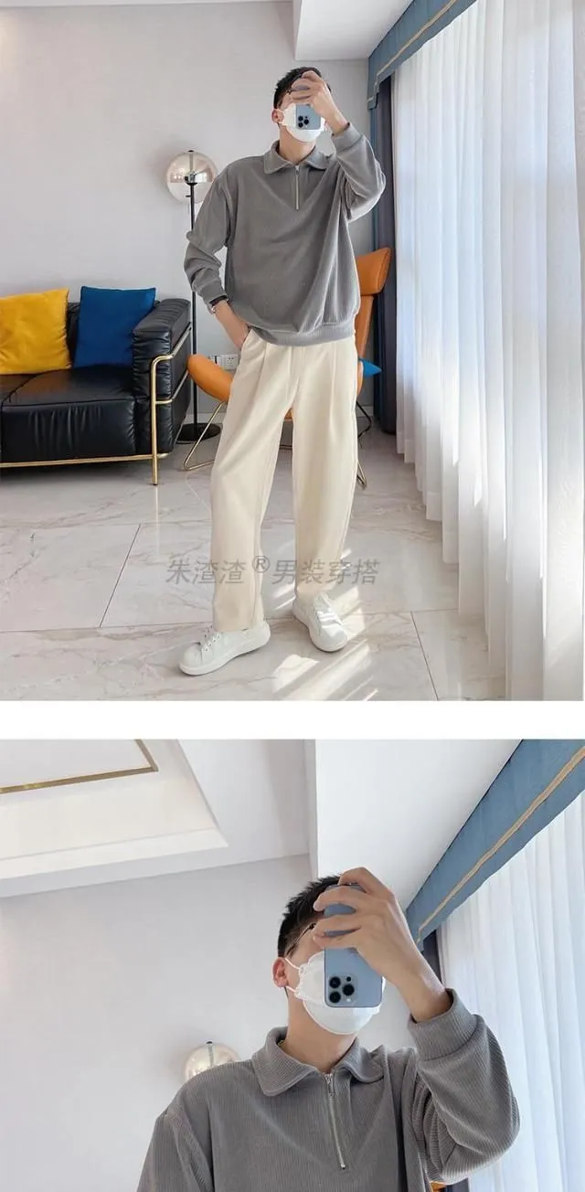 Zipper Solid Color Hoodie Men's Loose Retro Shirt Collar Men's Long Sleeved Slimming Polo Shirt