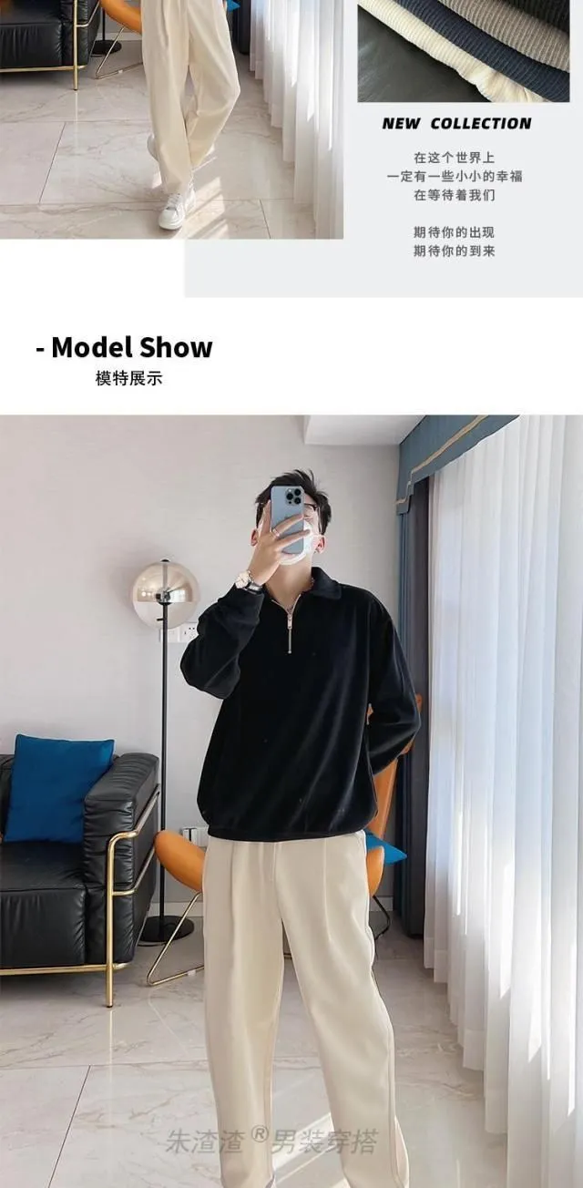 Zipper Solid Color Hoodie Men's Loose Retro Shirt Collar Men's Long Sleeved Slimming Polo Shirt