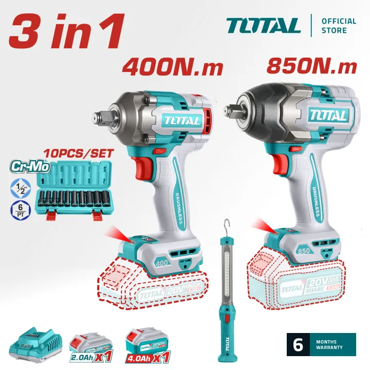 TOTAL Li-ion 2Pcs Impact Wrench Kit (400NM & 850NM) + Battery + Charger + Impact Socket (10Pcs) + Work Lamp TOSLI241195
