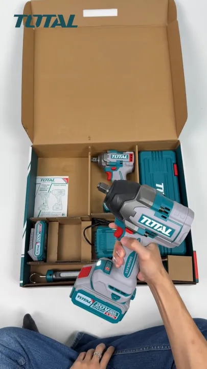 TOTAL Li-ion 2Pcs Impact Wrench Kit (400NM & 850NM) + Battery + Charger + Impact Socket (10Pcs) + Work Lamp TOSLI241195