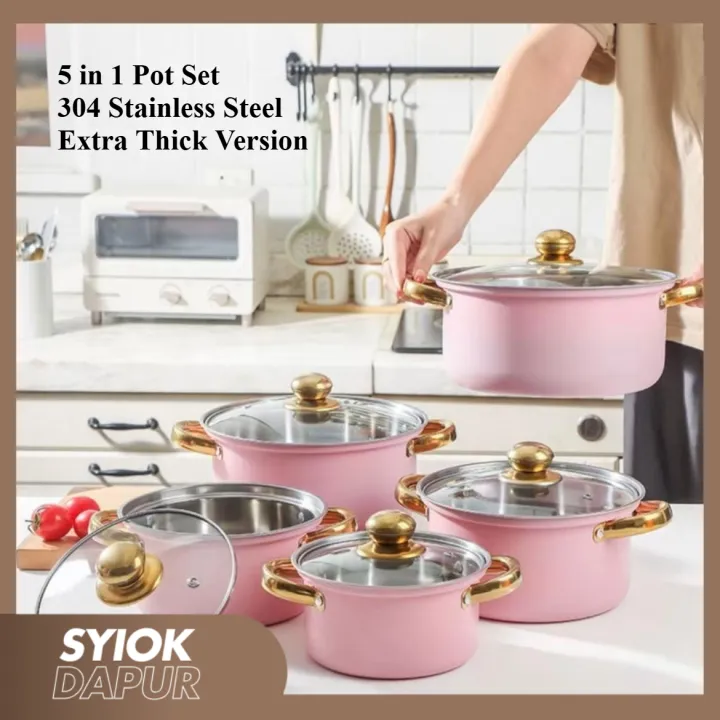 [Extra Thick] 304 Stainless Steel 5 PCS Set Cookware Sets High-quality Popular sliver stainless steel gold handle Pot Set Cookware Kitchenware