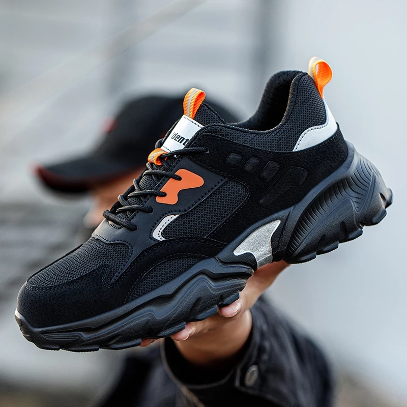 Tulldent Men Safety Shoes Steel Toe Anti-puncture Lightweight Breathable Safety Boots in Black