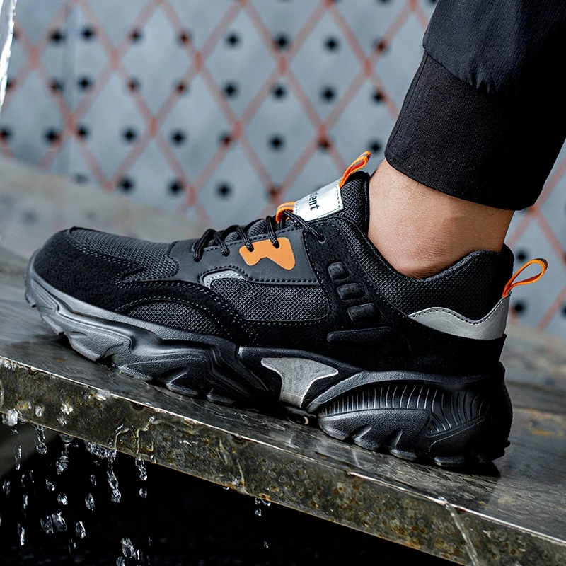 Tulldent Men Safety Shoes Steel Toe Anti-puncture Lightweight Breathable Safety Boots in Black