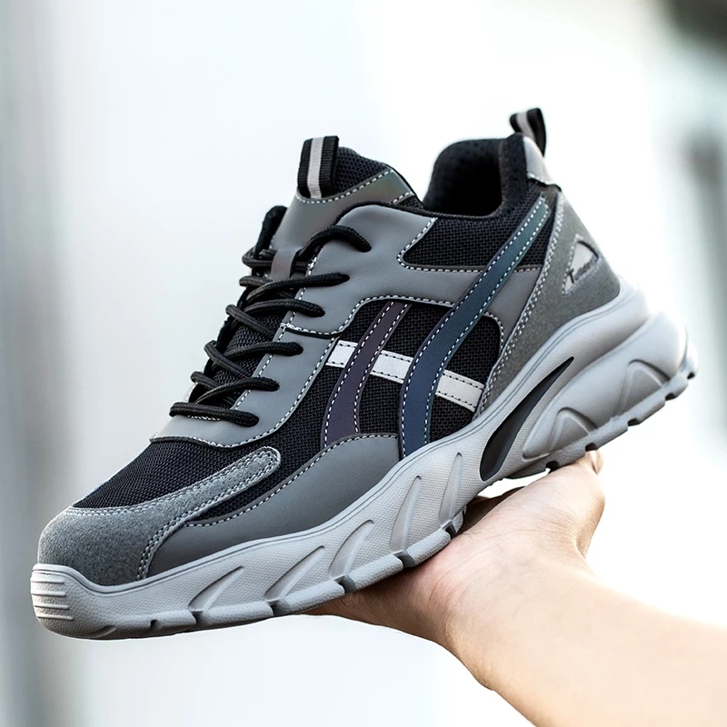 Tulldent Safety Shoes Men Plastic Toe Cap Anti-smashing Anti-piercing light weight Reflective in Grey