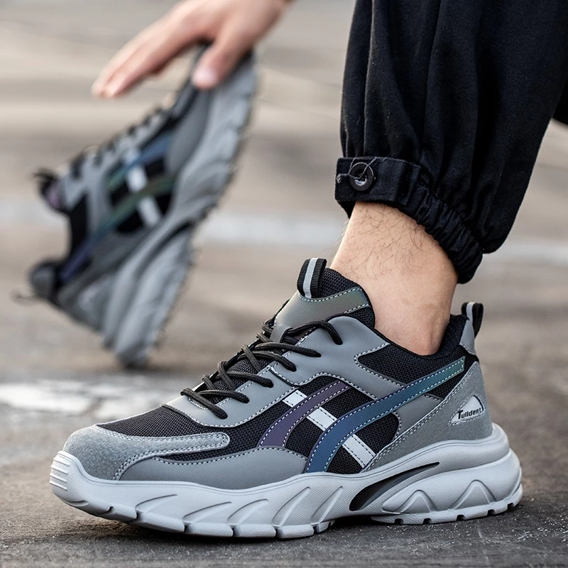 Tulldent Safety Shoes Men Plastic Toe Cap Anti-smashing Anti-piercing light weight Reflective in Grey