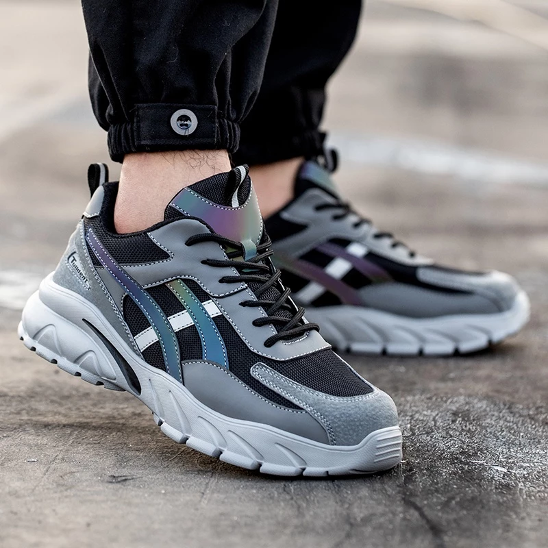 Tulldent Safety Shoes Men Plastic Toe Cap Anti-smashing Anti-piercing light weight Reflective in Grey