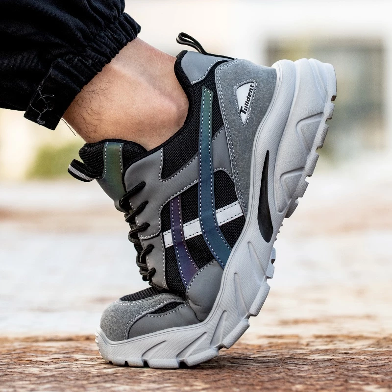 Tulldent Safety Shoes Men Plastic Toe Cap Anti-smashing Anti-piercing light weight Reflective in Grey