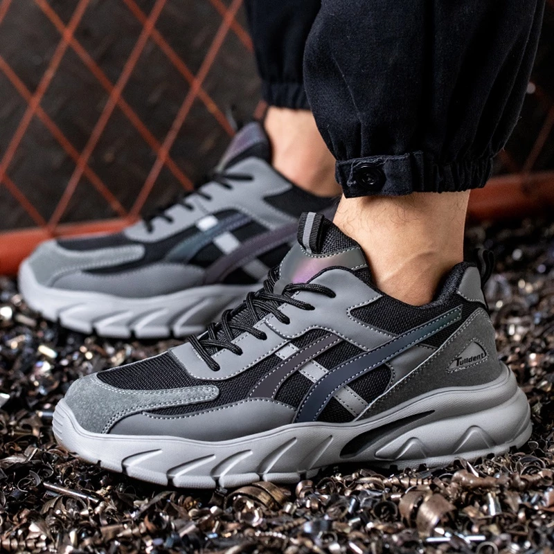 Tulldent Safety Shoes Men Plastic Toe Cap Anti-smashing Anti-piercing light weight Reflective in Grey