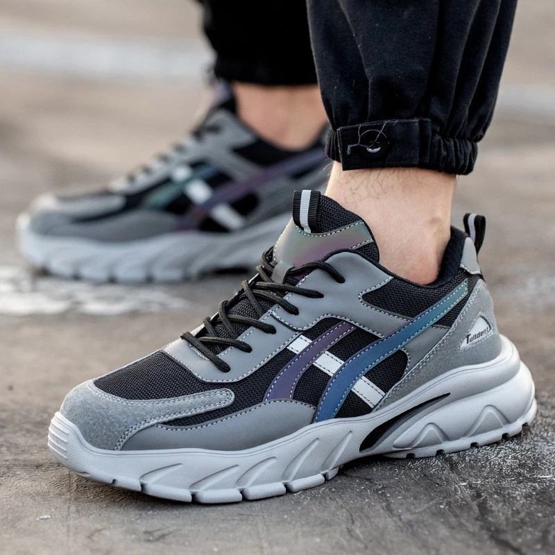 Tulldent Safety Shoes Men Plastic Toe Cap Anti-smashing Anti-piercing light weight Reflective in Grey