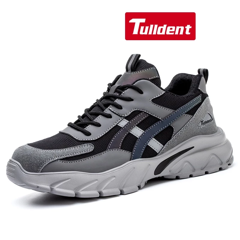 Tulldent Safety Shoes Men Plastic Toe Cap Anti-smashing Anti-piercing light weight Reflective in Grey